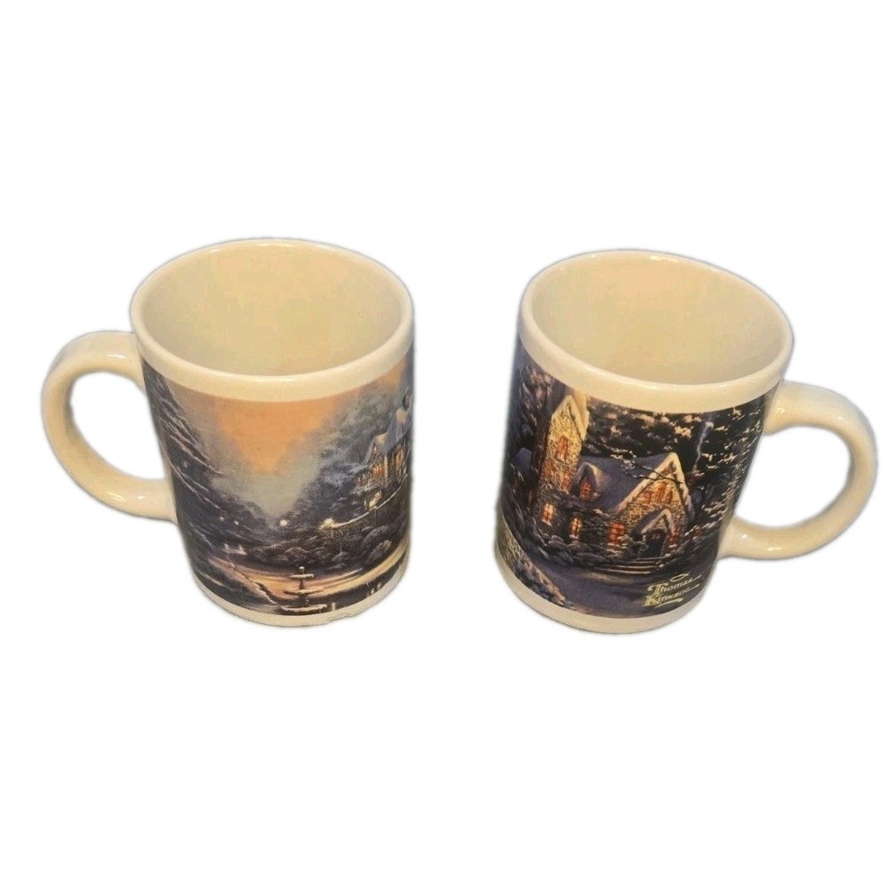 Thomas Kinkade Christmas Coffee Mugs Lot Of 2 Winter Scene Village Ceramic